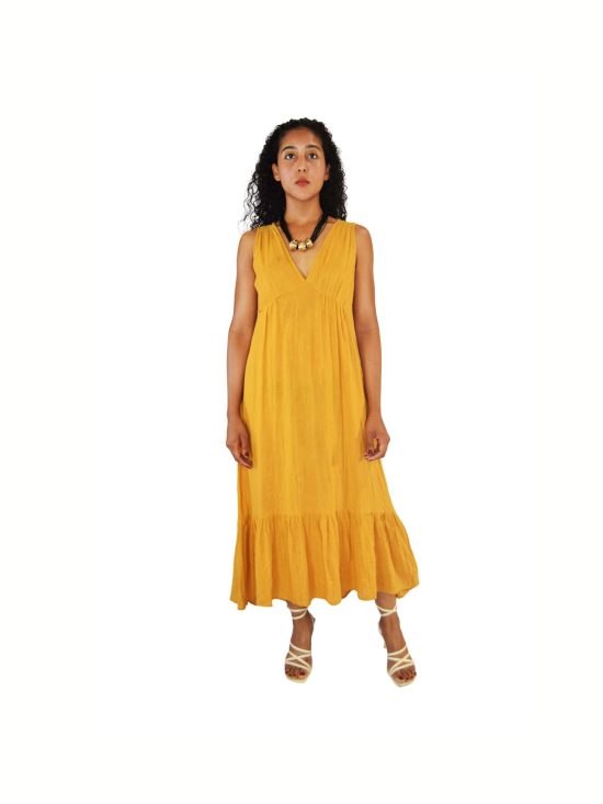 VESTIDO LARGO VAPOROSO COLOR MOSTAZA