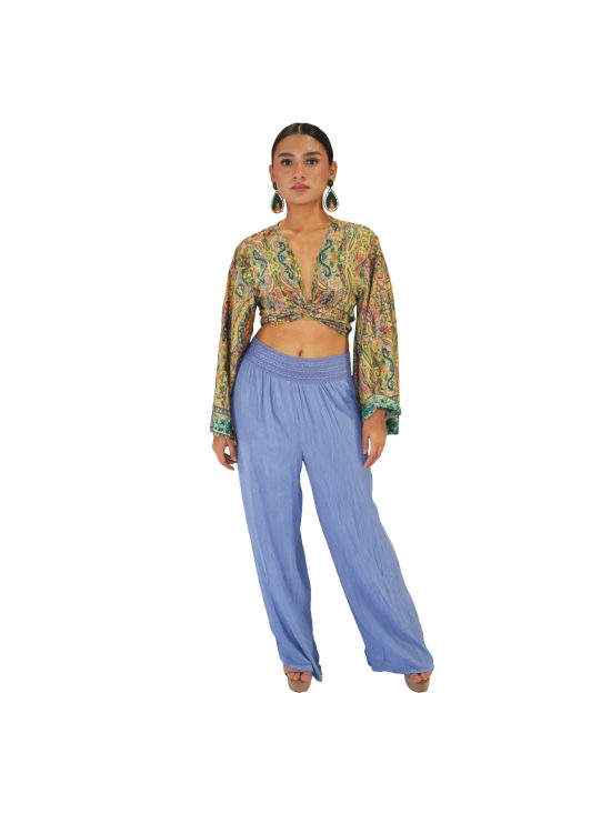 PANTALON PALAZZO PRETINA BORDADO RAYÓN CRUNCH